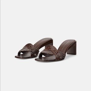Zara Brown Croc Leather Heeled Mules — Sandals